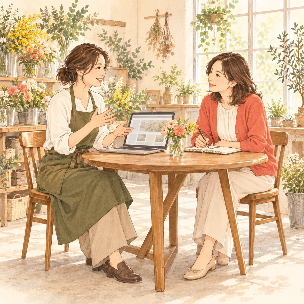 花屋の店主の話を聞き、ノートにまとめるWebパートナーの仕事を描いたイラスト